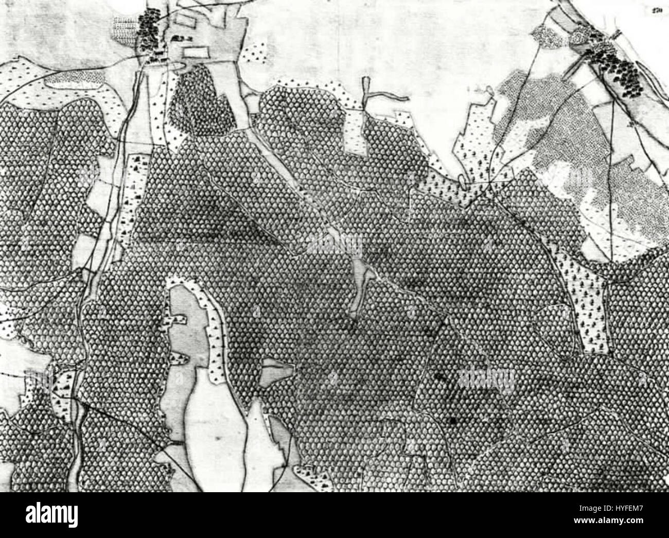 *Kiesersche Forstkarte Nr. 270 Plochingen* ist eine historische Waldkarte der Region Plochingen in Deutschland. Sie wurde im 18. Jahrhundert geschaffen und bietet detaillierte topografische Informationen über die lokale Landschaft, einschließlich Wälder, Straßen und Siedlungen. Stockfoto