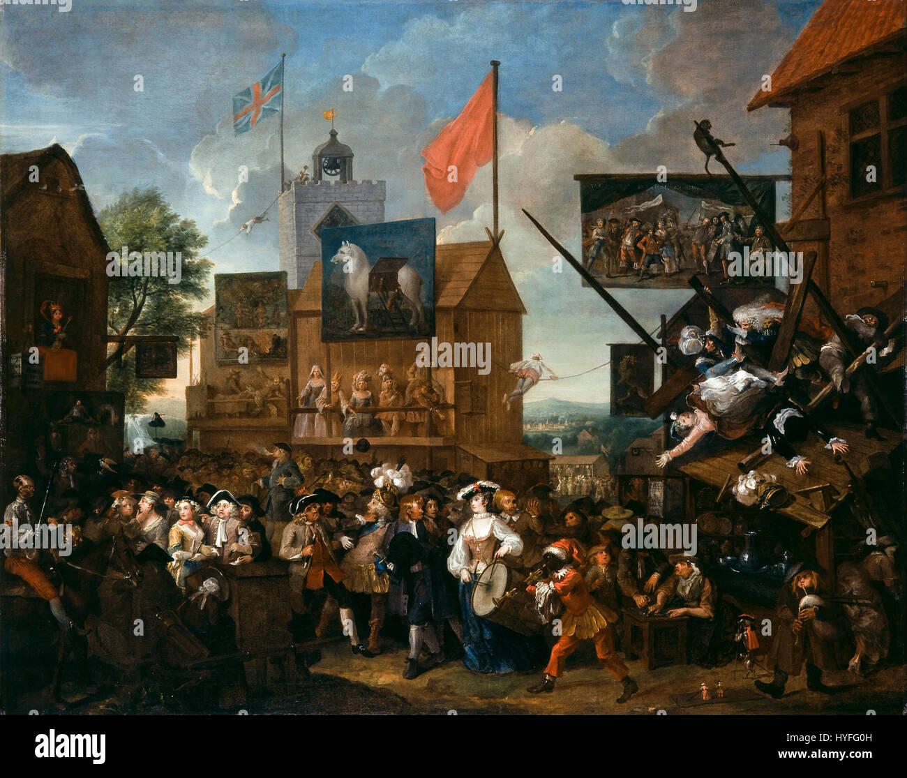 William Hogarths „Southwark Fair“ fängt die lebhafte, chaotische Atmosphäre der Londoner Messeszene im 18. Jahrhundert ein. Das Gemälde stellt die Interaktion zwischen verschiedenen sozialen Klassen dar und betont die Lebendigkeit und Unruhe des Ereignisses. Stockfoto