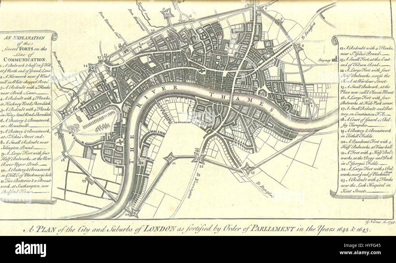 Vertues Plan der London Lines of Communication aus dem Jahr 1738 veranschaulicht die Verkehrs- und Kommunikationsinfrastruktur der Stadt und hebt die Straßen und Hauptverkehrsstraßen Londons des 18. Jahrhunderts hervor. Stockfoto