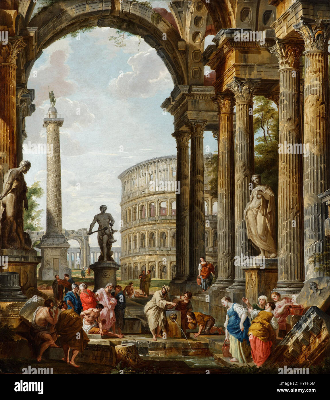 "Das Massaker des Triumvirates" stellt ein brutales historisches Ereignis dar, bei dem die römischen Triumviren gestürzt wurden. Das Gemälde betont wahrscheinlich die gewalttätige Natur politischer Konflikte und das dramatische Ende der Machtkämpfe im antiken Rom. Stockfoto