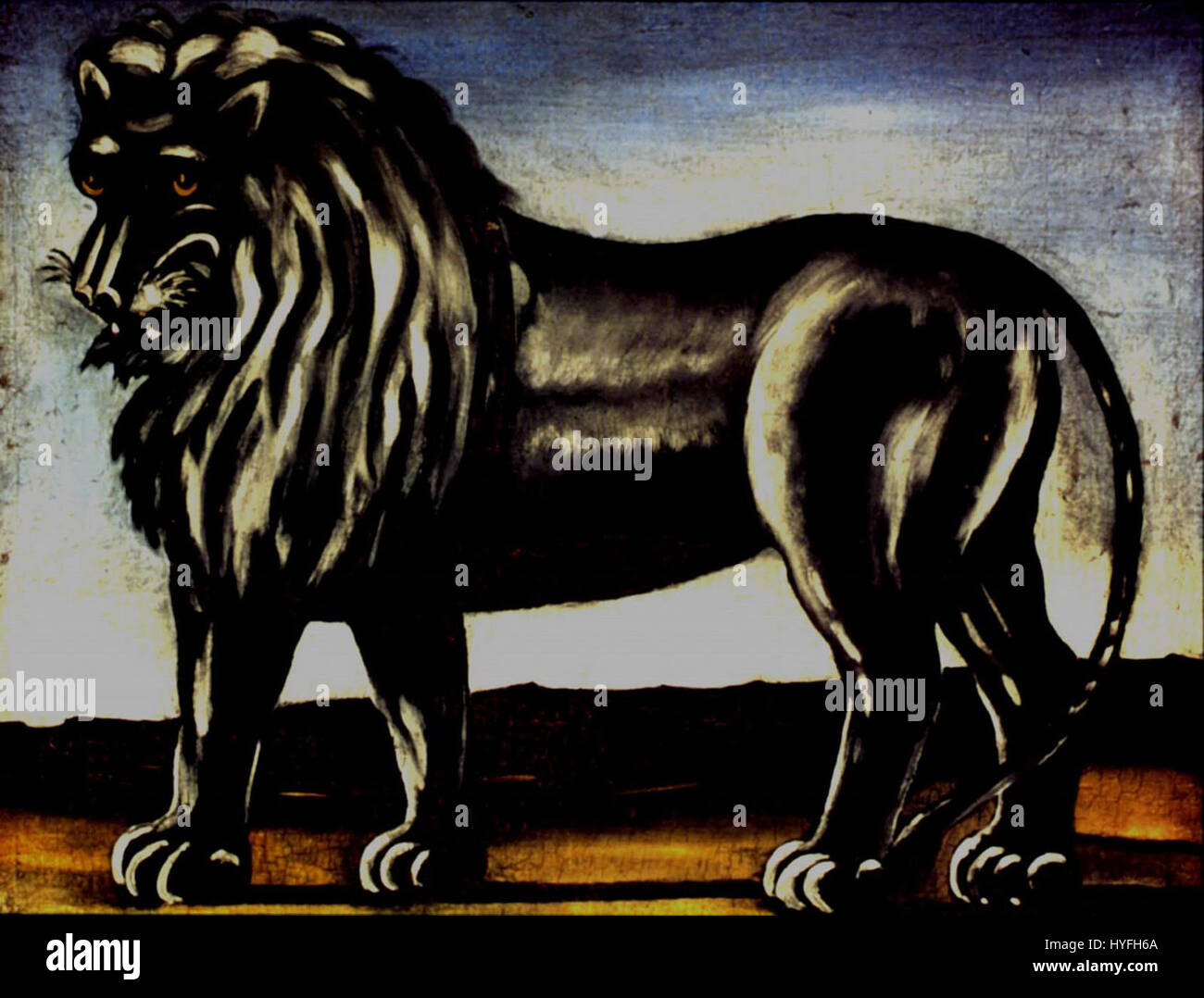 „Black Lion“ von Niko Pirosmani ist ein Ölgemälde auf Öltuch, das den unverwechselbaren Stil und die emotionale Intensität des Künstlers zeigt. Es ist Teil einer Privatsammlung und ein bemerkenswertes Beispiel georgischer Kunst. Stockfoto