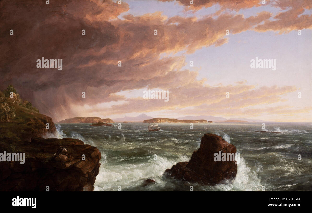 Thomas Coles Landschaftsgemälde „Views over Frenchman’s Bay from Mt. Desert Island, After A Squall' fängt die dramatischen Folgen eines Sturms ein und zeigt Coles Meisterschaft in der Darstellung der erhabenen Schönheit der Natur. Stockfoto
