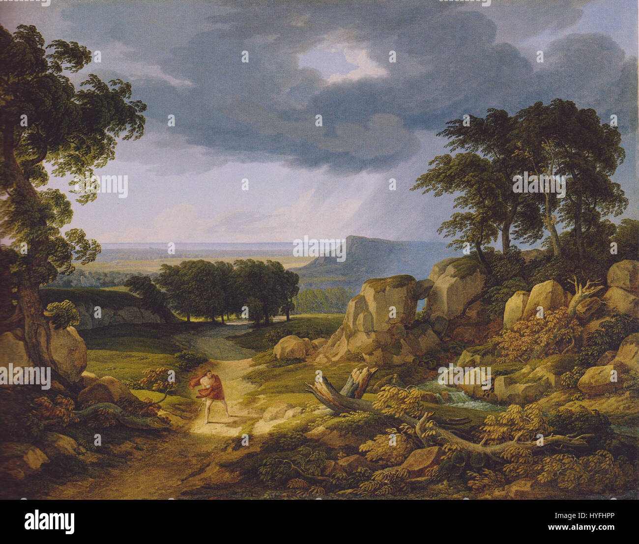 Sturmlandschaft von J.C. Reinhart ist eine dramatische Darstellung einer stürmischen Naturszene, die die Kunst des Künstlers veranschaulicht, die turbulente Kraft der Natur durch atmosphärische Malerei einzufangen. Stockfoto