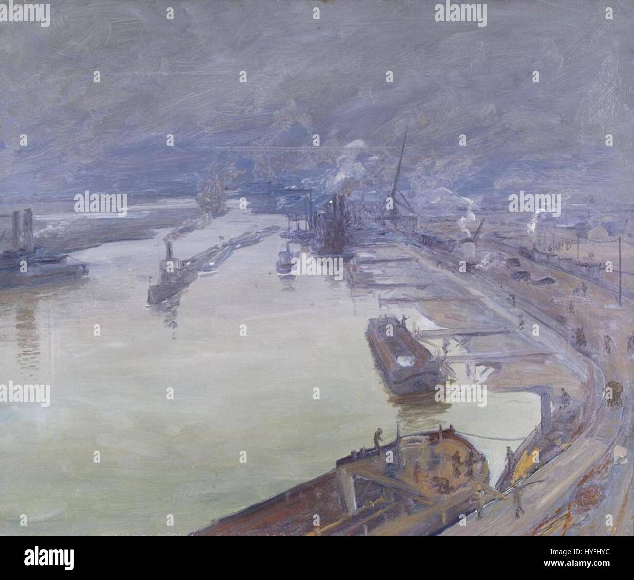 „Richborough in Fog“ (1917) von John Lavery zeigt die atmosphärische Szene von Richborough in Kent, England, umhüllt von Nebel. Lavery fängt das Zusammenspiel von Licht und Nebel ein und verwendet gedämpfte Farben und weiche Pinselstriche, um die geheimnisvolle und ruhige Stimmung der Landschaft zu wecken. Stockfoto