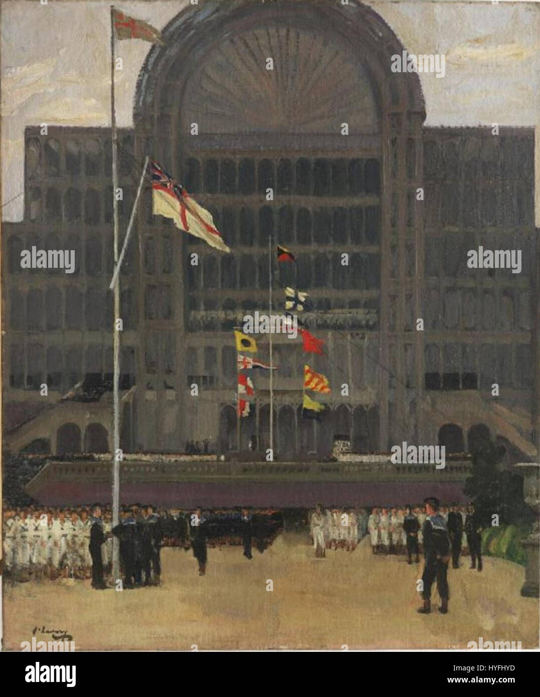 „RNVR Crystal Palace, 1917“ von John Lavery zeigt das Royal Naval Volunteer Reserve (RNVR) im Kristallpalast während des Ersten Weltkriegs. Das Gemälde fängt die Stimmung und Atmosphäre Großbritanniens während des Krieges mit Soldaten und militärischen Bildern ein. Stockfoto
