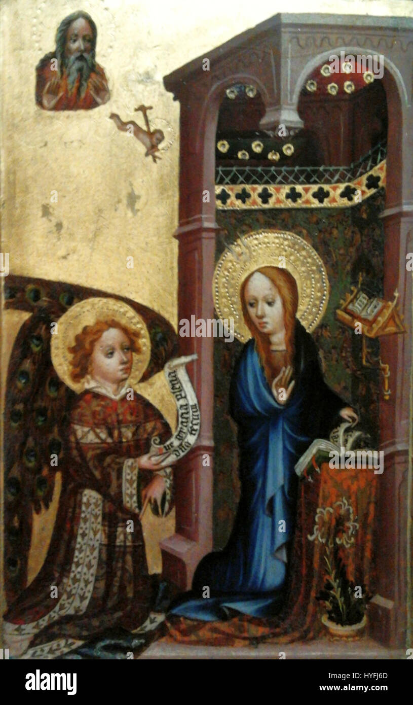 Die französisch-flämische Verkündigung ist ein religiöses Gemälde, das den Moment darstellt, in dem der Engel Gabriel der Jungfrau Maria ankündigt, dass sie den Sohn Gottes empfangen wird. Dieses Kunstwerk zeigt den detaillierten Stil und die religiösen Themen flämischer Künstler. Stockfoto
