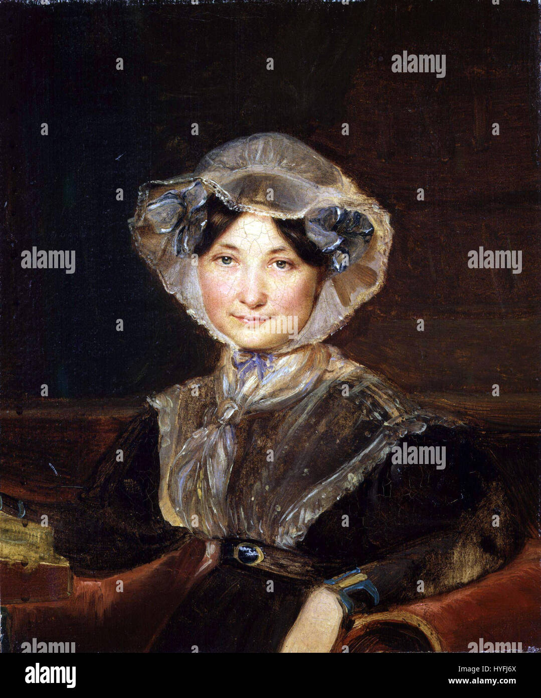 Dieses Porträt von Frances Trollope, gemalt von Auguste Hervieu, fängt das Bild der britischen Autorin ein, die für ihre kritische Schrift bekannt ist. Hervieus Stil unterstreicht ihren würdevollen Ausdruck, mit Liebe zum Detail in ihrer Kleidung und Gesichtszüge, die die Mode- und künstlerischen Trends der Mitte des 19. Jahrhunderts widerspiegeln. Stockfoto