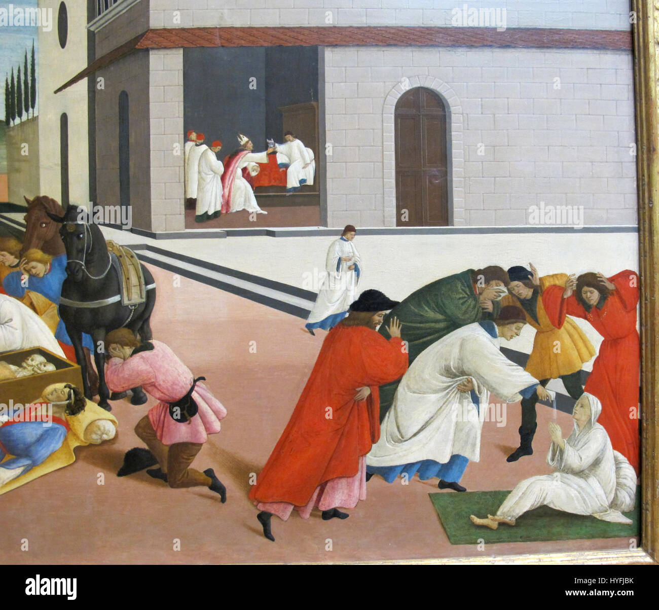 Miracoli di San Zanobi ist ein Gemälde von Sandro Botticelli, das um 1500 entstanden ist. Das Kunstwerk veranschaulicht die Wunder des heiligen Zanobi und zeigt Botticellis charakteristischen Stil mit anmutigen Figuren und lebhaften Farben. Stockfoto