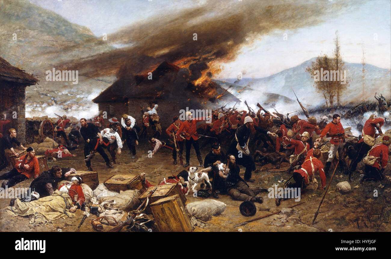 Alphonse de Neuvilles Gemälde The Defence of Rorke’s Drift (1879) zeigt die heldenhafte Verteidigung britischer Soldaten während der Schlacht von Rorke’s Drift im Anglo-Zulu-Krieg und veranschaulicht intensive Kämpfe und Tapferkeit. Stockfoto