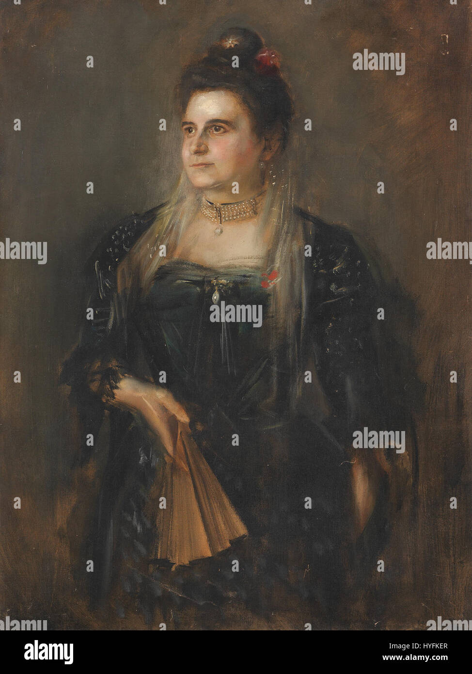 „Frau Konsul Landau“ von Franz von Lenbach ist ein Porträtgemälde aus dem späten 19. Jahrhundert, das den eleganten Stil der Gesellschaftsporträts dieser Zeit zeigt. Stockfoto