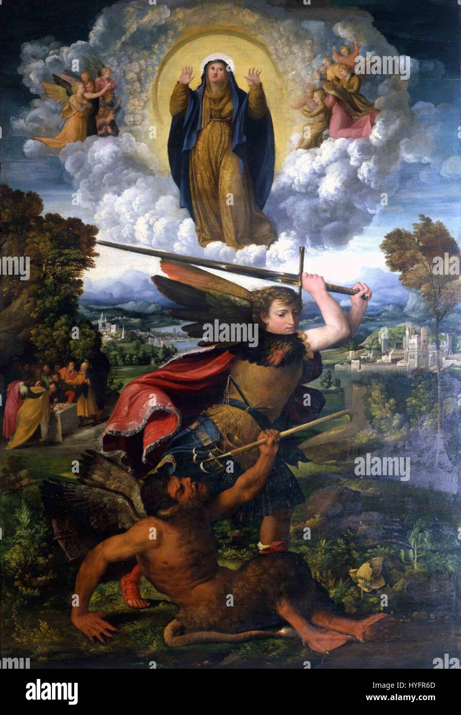 San Michele e il diavolo, ein Gemälde von Dosso Dossi, einem italienischen Künstler, entstanden zwischen 1533 und 1534, das die Jungfrau der Himmelfahrt und den Erzengel Michael darstellt. Stockfoto