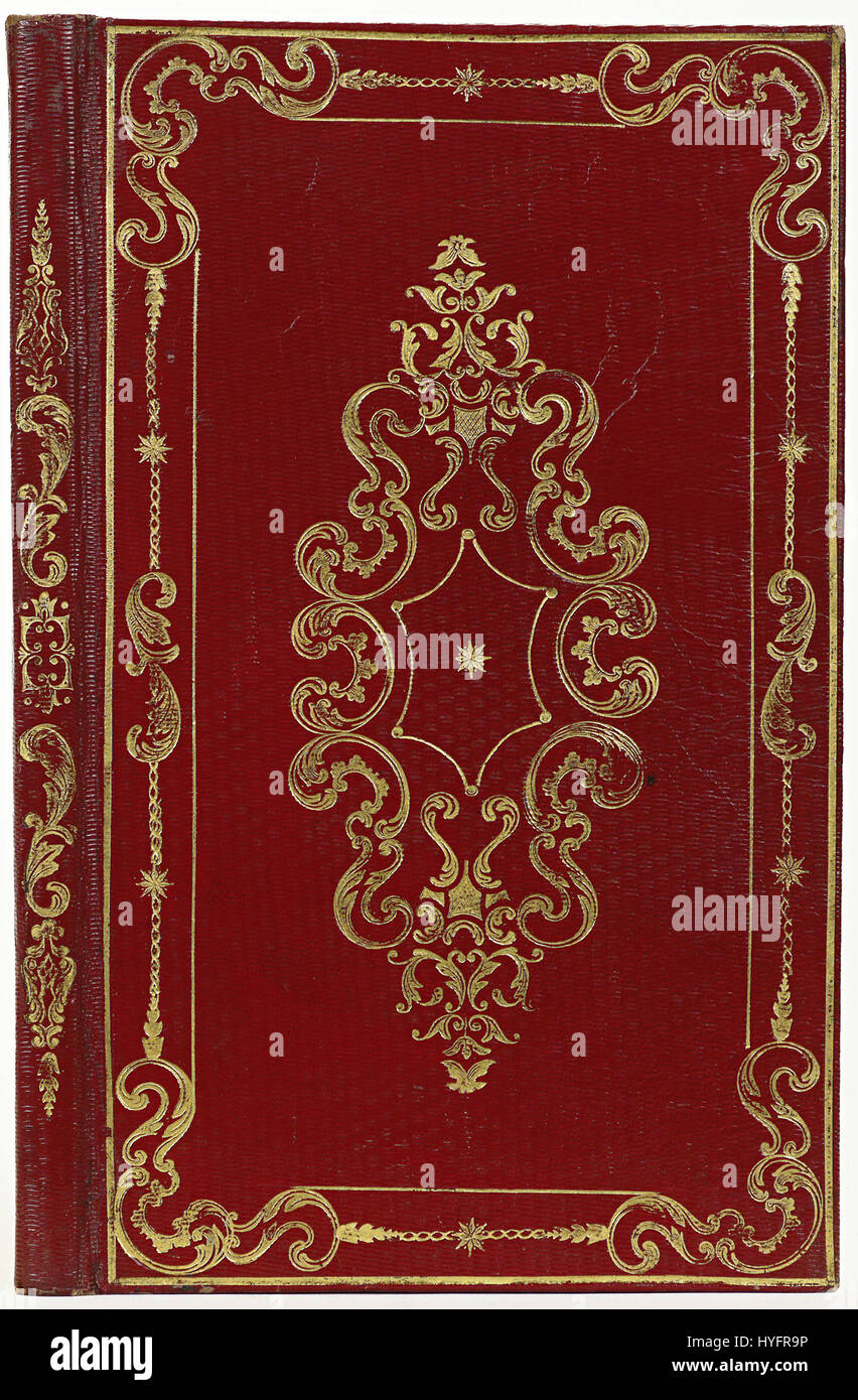 Dieser Artikel bezieht sich auf ein Band aus rotem Saffian-Leder, das als Teil einer Kollektion oder eines Katalogs gekennzeichnet ist. Saffian ist eine Art hochwertiges Leder, das historisch für Buchbinderei und Luxuswaren verwendet wurde. Stockfoto