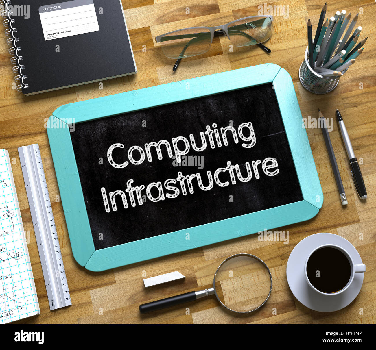 Computing-Infrastruktur, die handschriftlich auf kleinen Tafel. 3D. Stockfoto