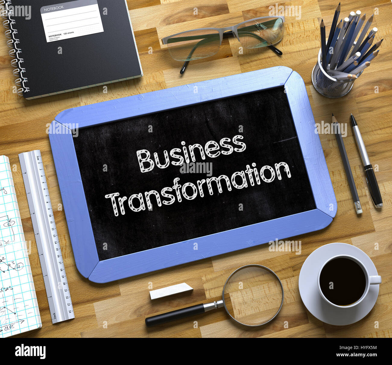Business Transformation handschriftlich auf kleinen Tafel. 3D. Stockfoto