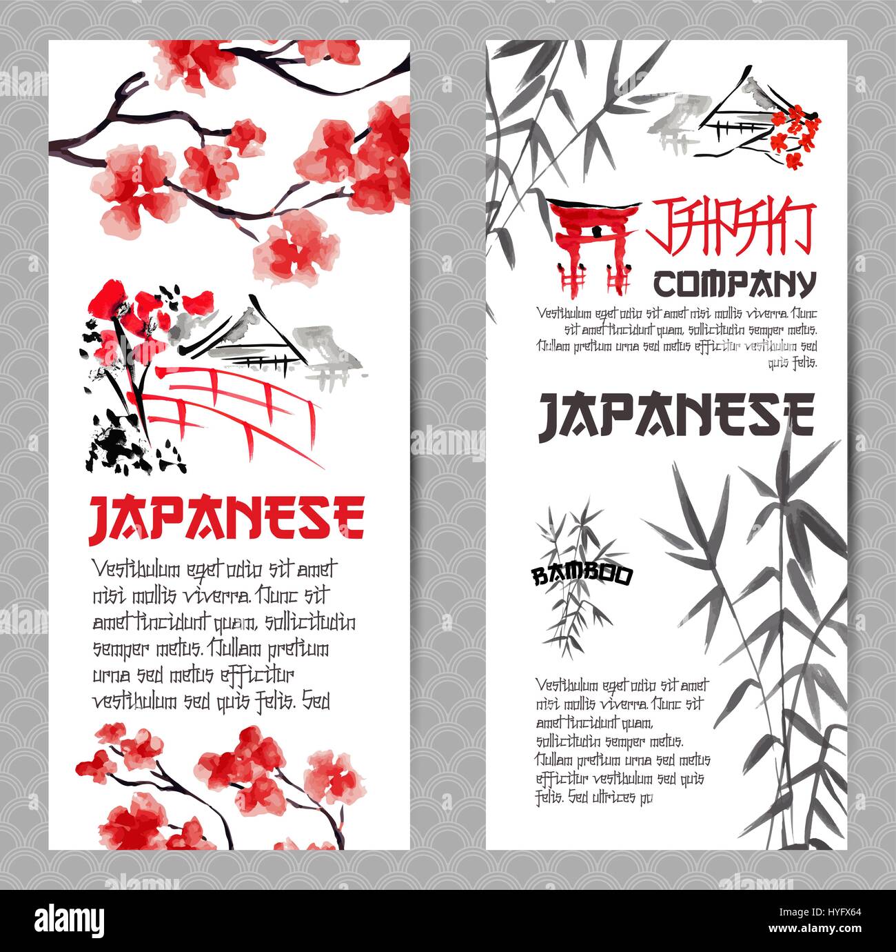 Vertikale Banner oder Flyer-Konzepte setzen. Japanische rote Kirsche Blume Zweig Blüte und Bambus-silhouette Stock Vektor