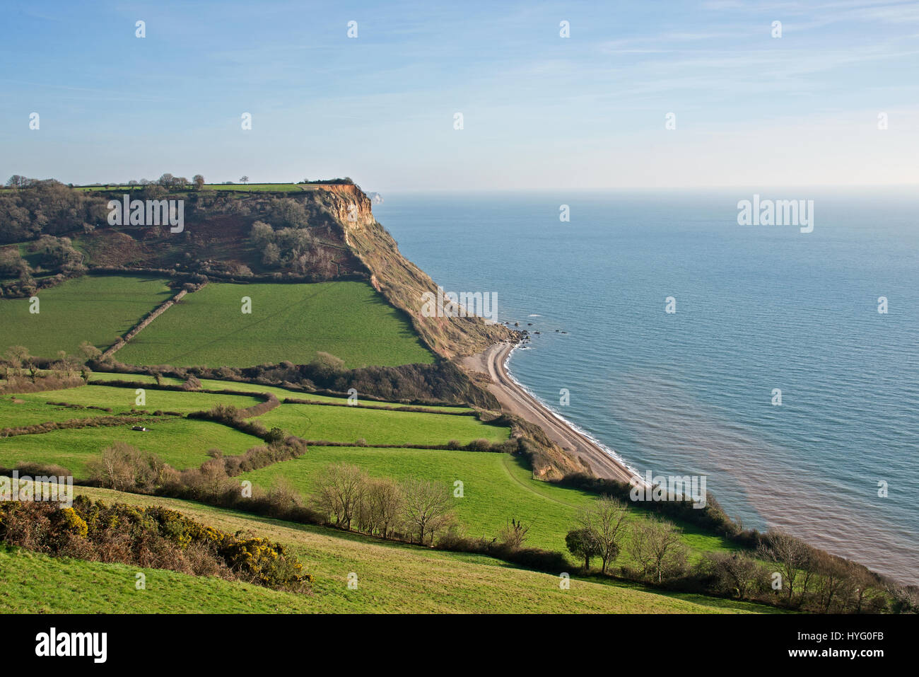 Der Blick Jurassic Küste Devons aus Salcombe Hill auf der Suche nach Osten entlang der Küste in Richtung höhere Dunscombe Cliff, Teil des East Devon AONB Stockfoto