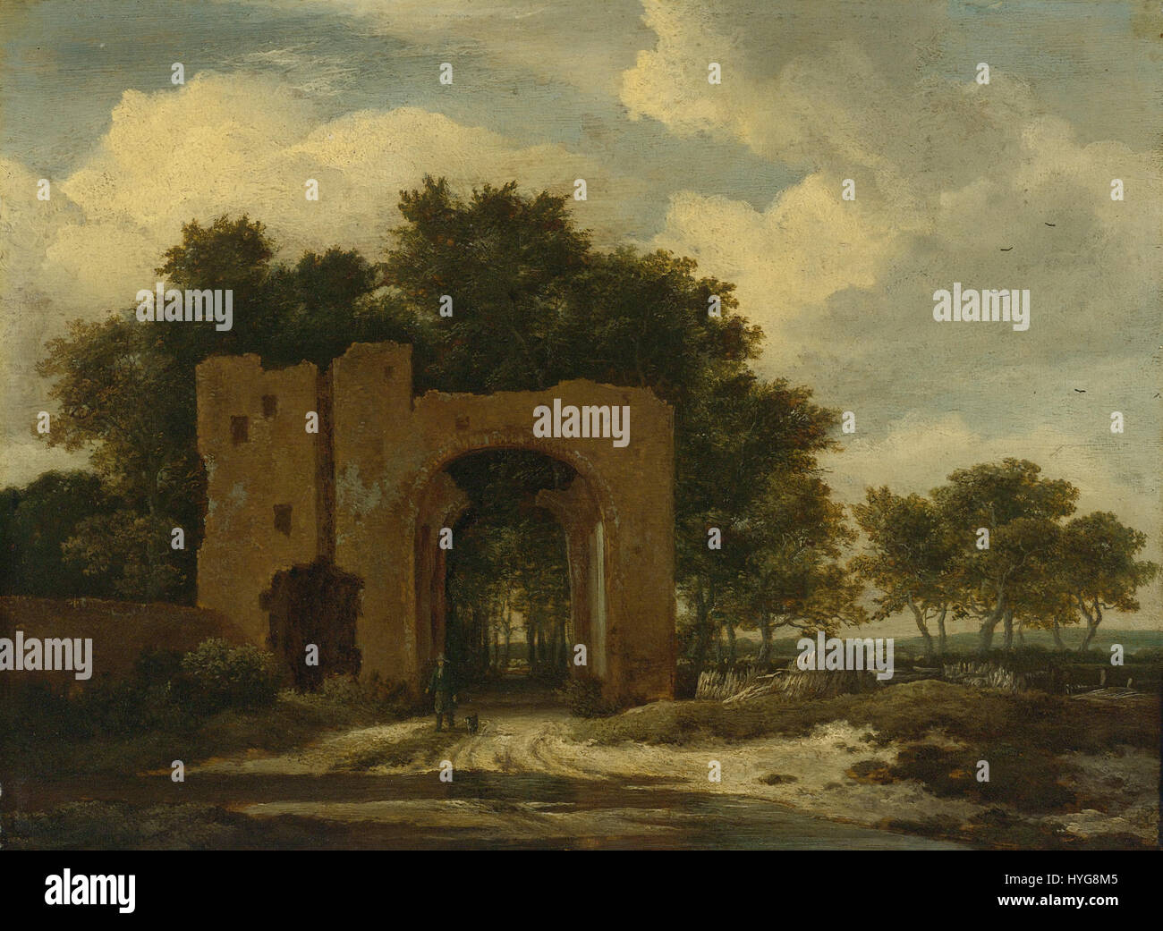 Dieses Gemälde einer Burgruine veranschaulicht das Thema des Verfalls und des Verganges der Zeit. Das Kunstwerk spiegelt eine romantische Faszination für die Ruinen mittelalterlicher Burgen wider und zeigt die romantisierte Sicht auf den historischen Niedergang. Stockfoto