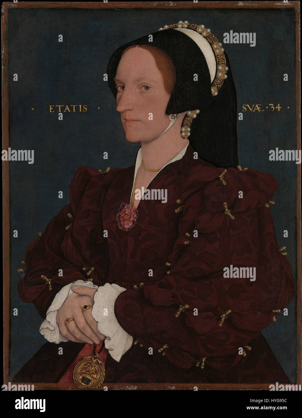 Hans Holbein der Jüngere, bekannt für seine detaillierten und lebensechten Porträts, wird oft für seine Werke in der Renaissance anerkannt. Dieses besondere Werk, „034“, spiegelt seine Beherrschung wider, individuelle Merkmale mit Präzision und psychologischer Tiefe zu erfassen. Stockfoto