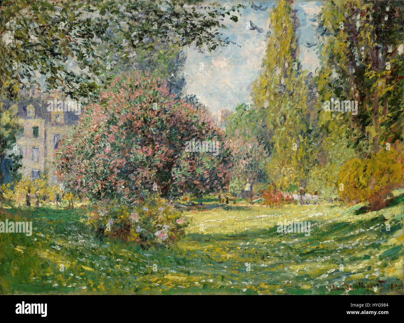 Claude Monets „Landschaft im Parc Monceau“ spiegelt die Beherrschung von Licht und Farbe wider. Der 1876 gemalte Pinselstrich zeigt die natürliche Schönheit des Parks mit weichen, fließenden Pinselstrichen, die typisch für Monets impressionistischen Stil sind und das wechselnde Licht im Grün des Parks einfangen. Stockfoto