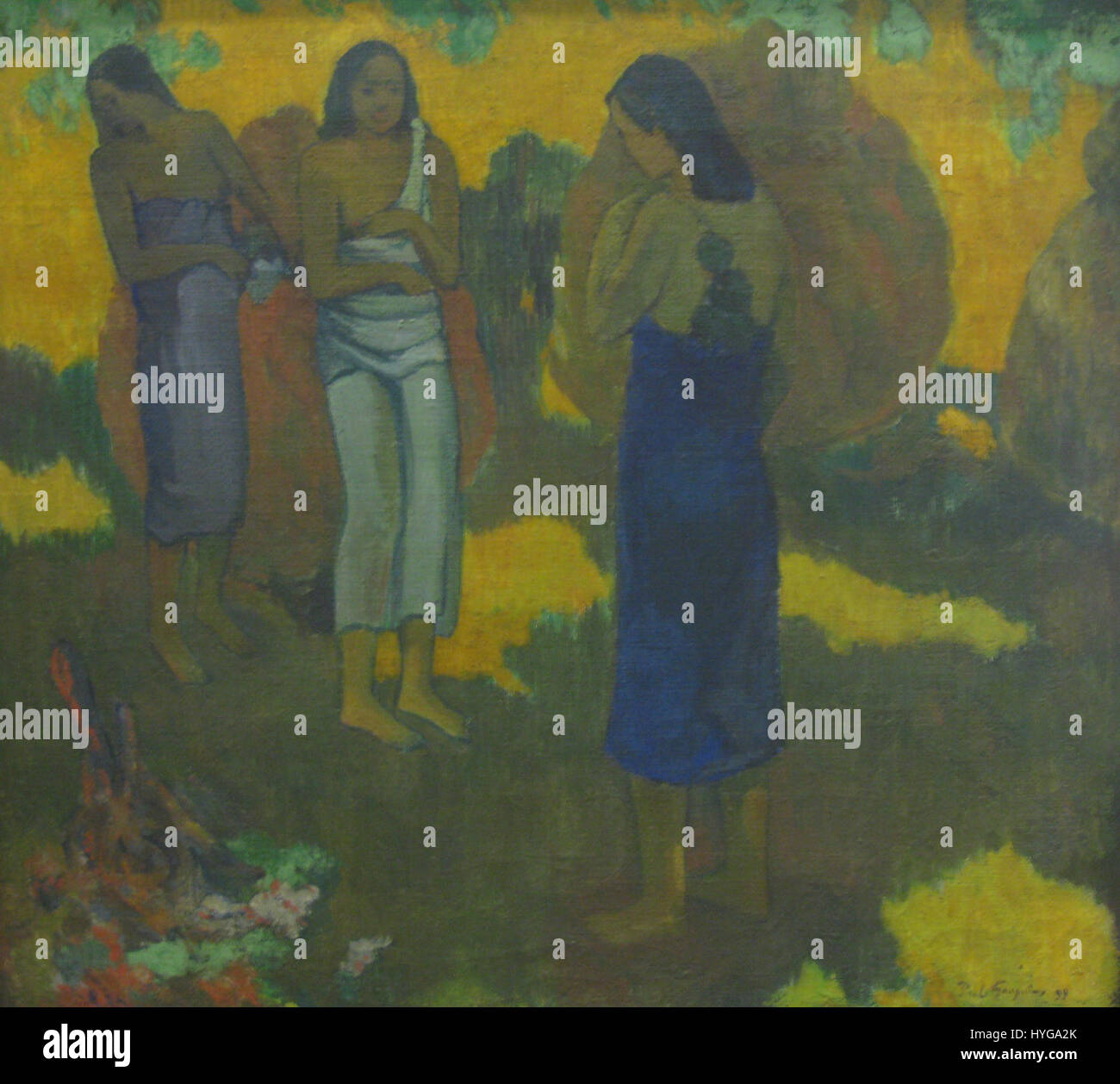 Dieses Detail aus einem Werk von Paul Gauguin spiegelt seine charakteristische Verwendung von Farben und Pinselstrichen wider. Das Stück spiegelt sein Interesse an Postimpressionismus und tropischen Themen wider. Stockfoto