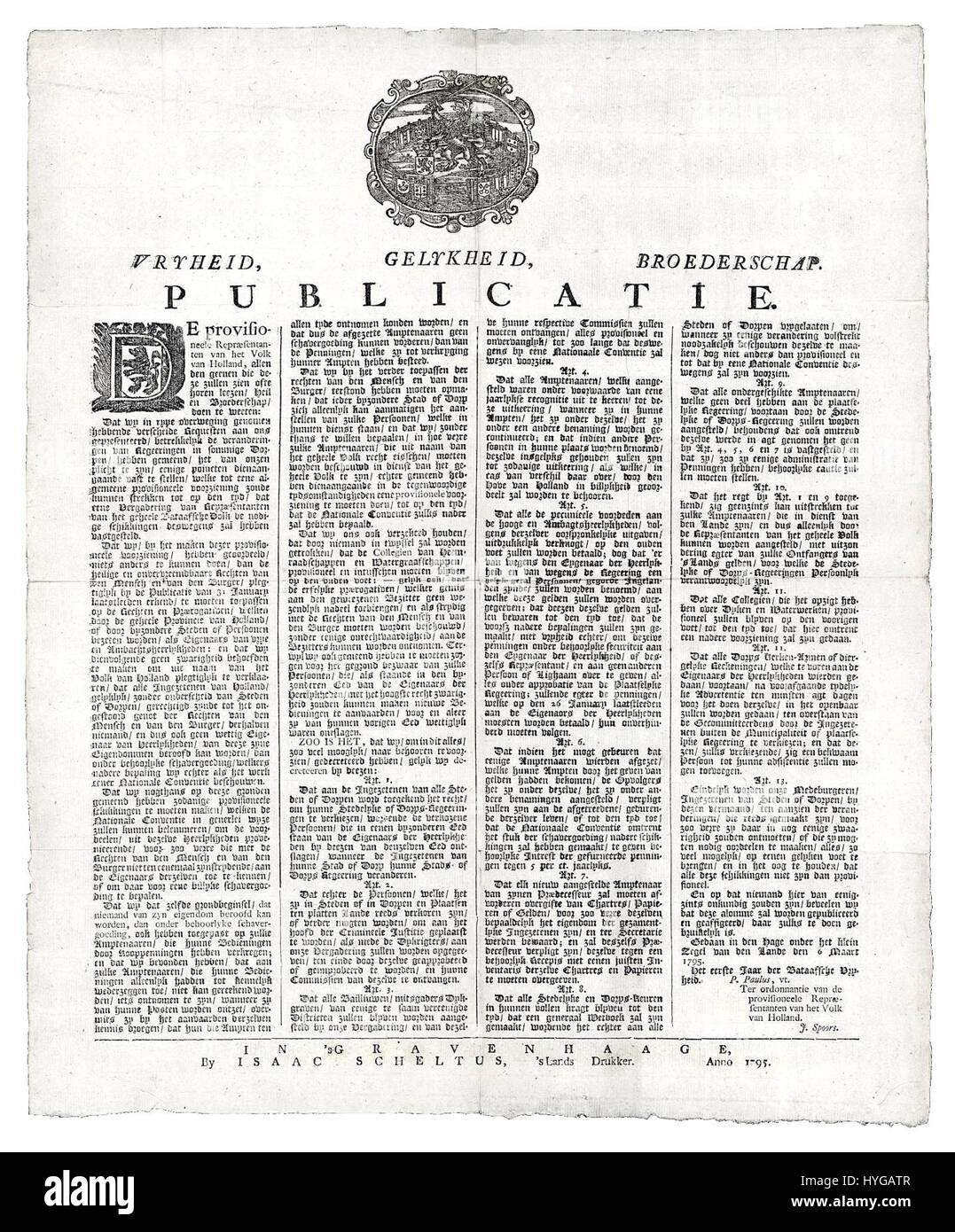 In diesem Dokument vom 6. März 1795 werden die vorläufigen Vertreter der niederländischen Bevölkerung bekannt gegeben. Es ist ein bedeutender Moment in der politischen Geschichte der Niederlande während der Französischen Revolution, als die Batavische Republik gegründet wurde und die alte niederländische Republik ersetzte. Stockfoto