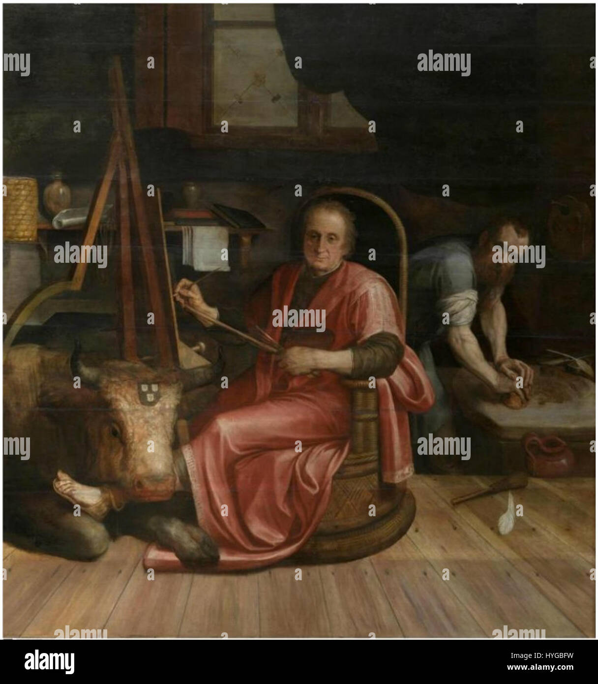 Frans Floris Rijckart Aertsz's *St. Lucas* (um 1560) ist ein bemerkenswertes Kunstwerk, das den heiligen Lukas, den schutzheiligen der Künstler, darstellt. Das Gemälde zeigt den künstlerischen Stil der Nördlichen Renaissance, geprägt durch komplizierte Details und lebhafte Farben. Stockfoto