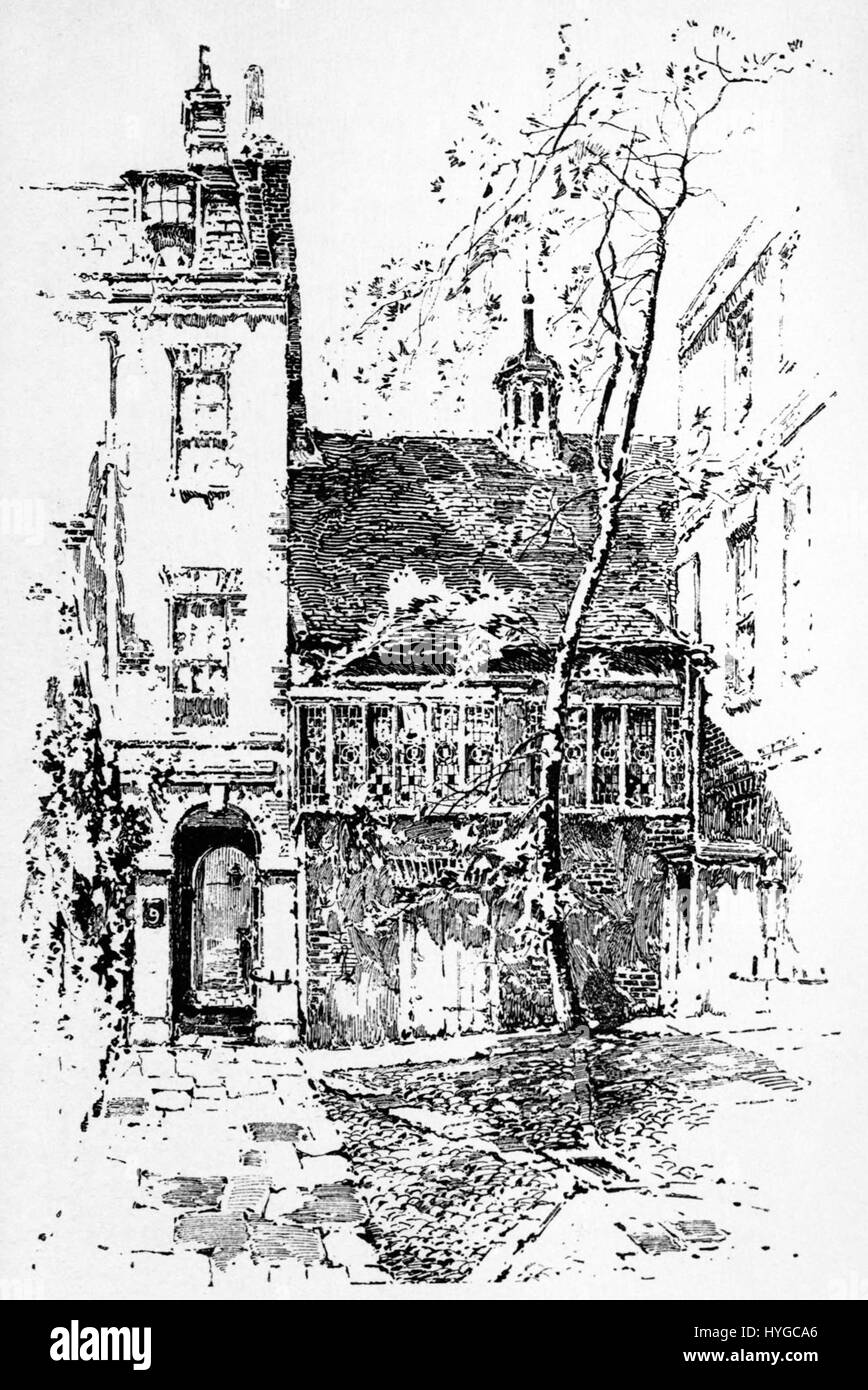 Herbert Railtons Illustration des Barnard's Inn Courtyard bietet einen Einblick in das architektonische Design aus viktorianischer Zeit mit akribischer Liebe zum Detail. Railton fängt die ruhige Atmosphäre des Innenhofs ein und hebt die kunstvollen Elemente des Gebäudes hervor. Die modifizierte Version dieses Werkes zeigt die charakteristische Technik des Künstlers, strukturelle Elemente zu verstärken, um eine Stimmung von Nostalgie und zeitloser Eleganz zu wecken. Stockfoto