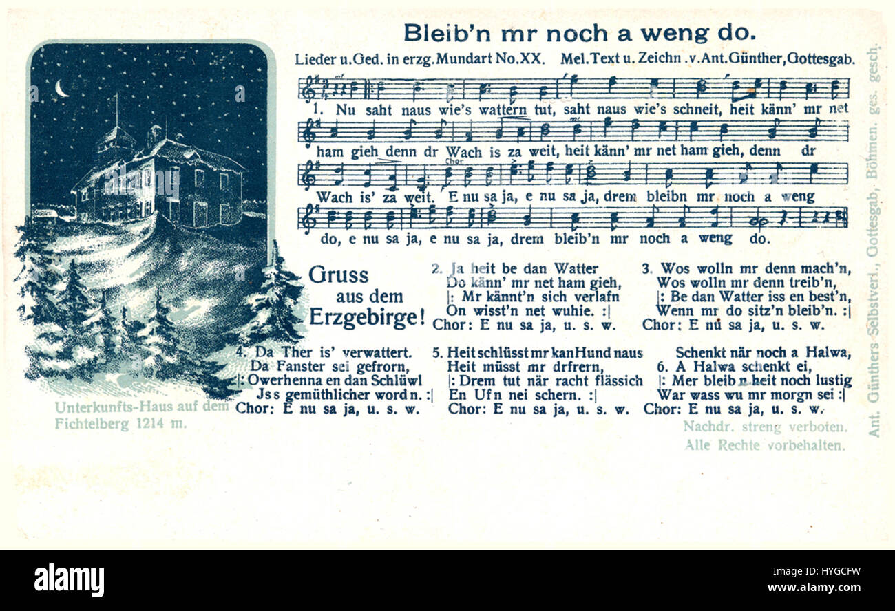 Der Titel „XX Bleib'n mr noch a weng do“ (1918) spiegelt ein Kulturstück aus dem frühen 20. Jahrhundert wider, das einen Moment regionaler Stimmung und traditioneller Ausdrucksformen in der Zeit nach dem Ersten Weltkrieg einfängt. Stockfoto