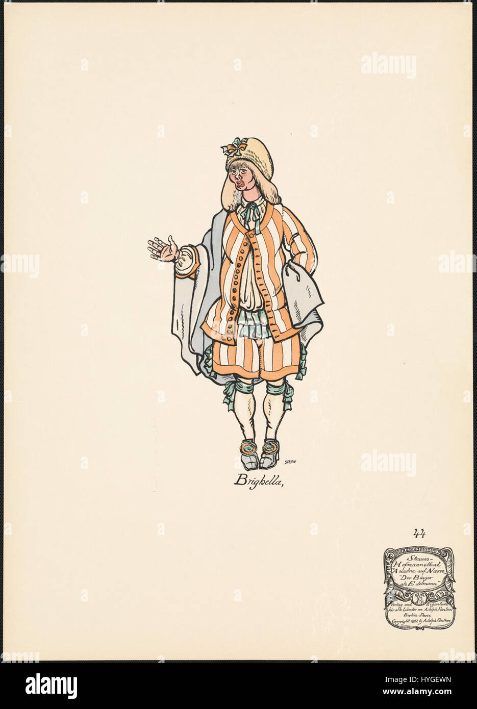 Brighella ist eine Figur aus der italienischen Commedia dell’arte, die oft als clevere Dienerin dargestellt wird. Diese Darstellung, die in der Boston Public Library untergebracht ist, zeigt die übertriebenen Merkmale des lebendigen Charakters, die das Wesen der theatralischen Tradition des 16. Jahrhunderts widerspiegeln. Stockfoto