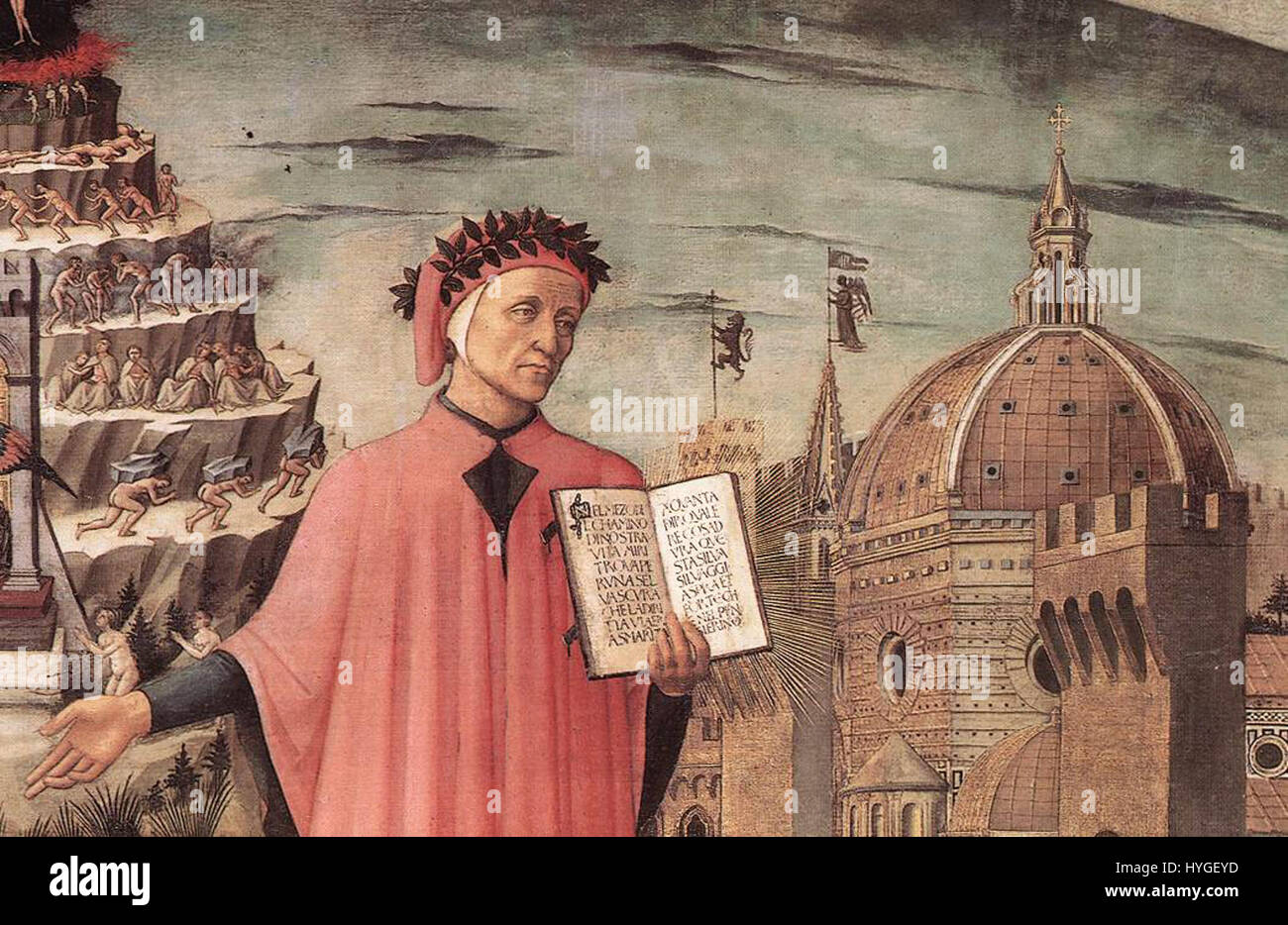 Dieses Detail aus einer Darstellung von Dante Alighieri, dem berühmten italienischen Dichter, zeigt eine Szene aus seinem berühmten Werk „Göttliche Komödie“. Das Kunstwerk zeigt wahrscheinlich eine der lebendigen Charaktere oder Vertonungen, die in seinem literarischen Meisterwerk beschrieben werden. Stockfoto