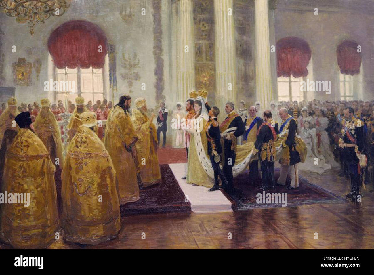 Hochzeit von Nicholas II. und Alexandra Feodorovna von Ilja Repin (1894, russisches Museum) Stockfoto