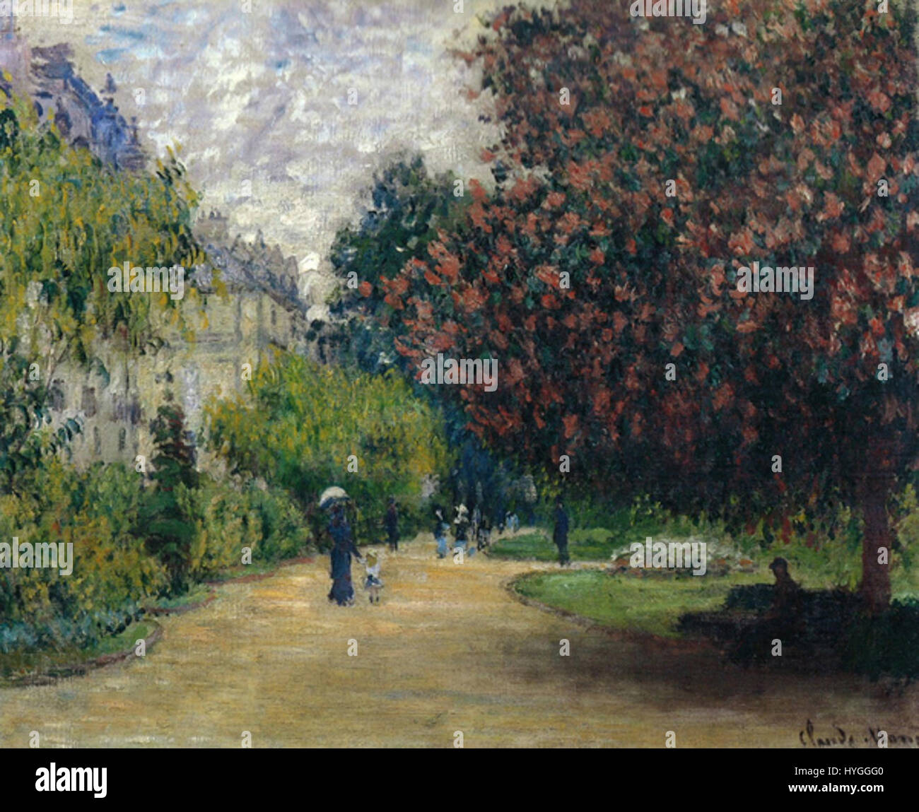 „Parc Monceau“ von Claude Monet fängt die ruhige Schönheit eines der berühmtesten Parks von Paris ein. Das Gemälde zeigt eine ruhige Landschaft mit üppigem Grün und Wegen, die Monets unverkennbaren impressionistischen Stil zeigt. Stockfoto