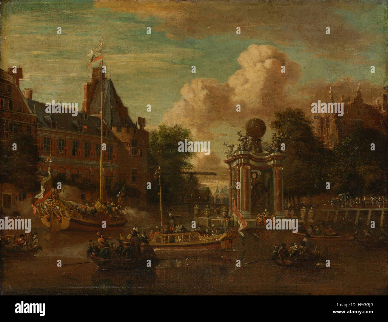 Dieses Gemälde zeigt den Besuch der russischen Botschaft in Amsterdam am 29. August 1697 und hält einen historischen Moment des diplomatischen Austauschs zwischen Russland und den Niederlanden fest. Das Werk ist Teil der Sammlung des Rijksmuseums und bietet Einblicke in die formale Kleidung und das Protokoll dieser Zeit. Stockfoto