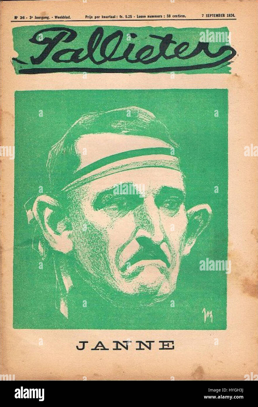 Das Cover des „Weekblad Pallieter“ aus dem Jahr 1924 zeigt Janne, ein bemerkenswertes Thema in den niederländischen Kulturmedien. Das Bild spiegelt den künstlerischen Stil der Zeit wider und trägt zur niederländischen visuellen Kultur des frühen 20. Jahrhunderts bei. Stockfoto