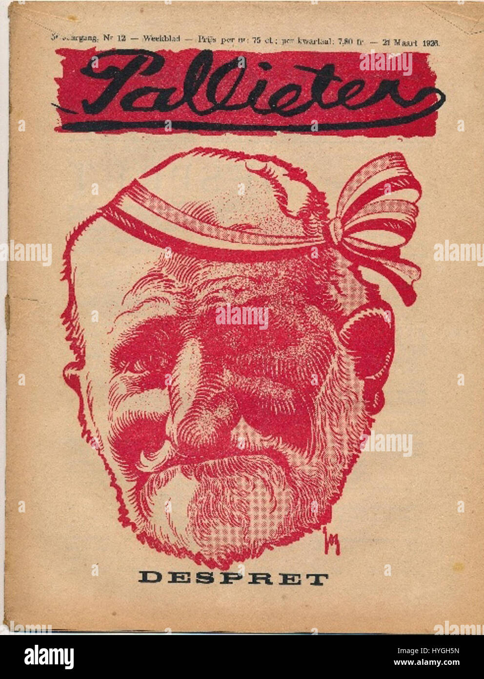 Das Cover von „Weekblad Pallieter“ aus dem Dezember 1926 zeigt eine Illustration oder ein Design, die sich auf den kulturellen oder künstlerischen Inhalt des Magazins bezieht und die Kunst und Printmedien dieser Zeit widerspiegelt. Stockfoto