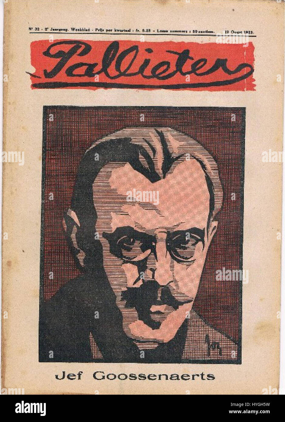 Das Cover des *Weekblad Pallieter* von 1923 ist von Jef Goossenaerts gestaltet. Diese Publikation war ein bedeutender Teil der belgischen Medien des frühen 20. Jahrhunderts und stellte kulturelle, politische und künstlerische Themen der damaligen Zeit dar. Stockfoto