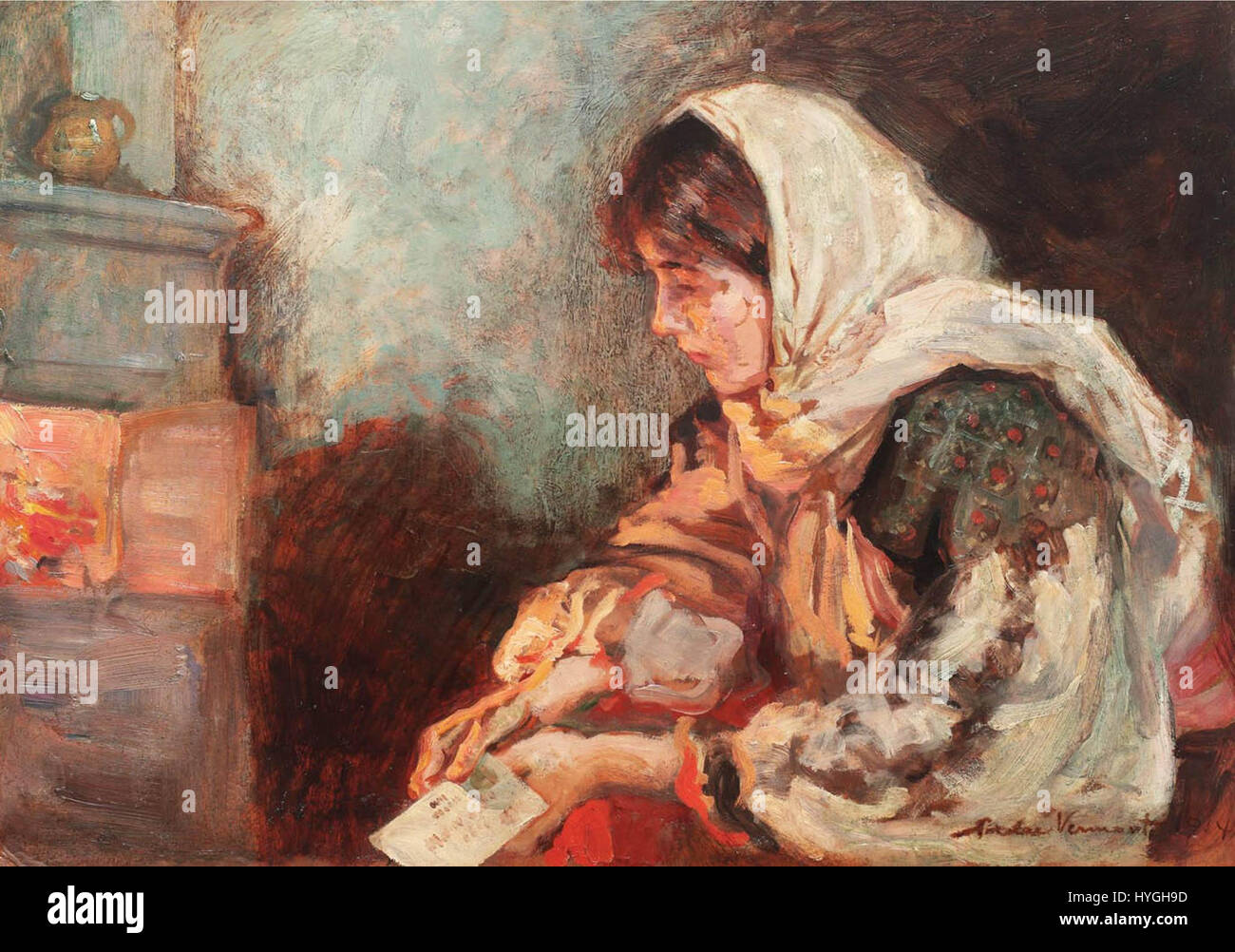 Nicolae Vermonts „Scrisoare de pe Front“ (Brief von der Front) zeigt eine ergreifende Szene aus dem Ersten Weltkrieg, die die emotionale Tiefe und die persönliche Wirkung der Kriegskorrespondenz einfängt. Stockfoto