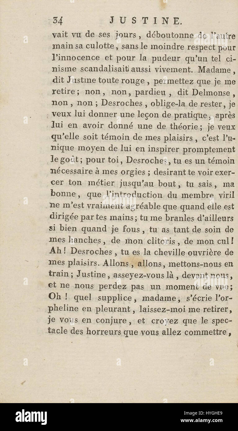 „JustineJuliette“ aus dem Jahr 1797 ist ein historisches Stück, das wahrscheinlich eine Darstellung einer Frau zeigt, möglicherweise inspiriert von den kulturellen und künstlerischen Trends des späten 18. Jahrhunderts. Das Kunstwerk erfasst stilistische Elemente und gesellschaftliche Normen der Zeit. Stockfoto