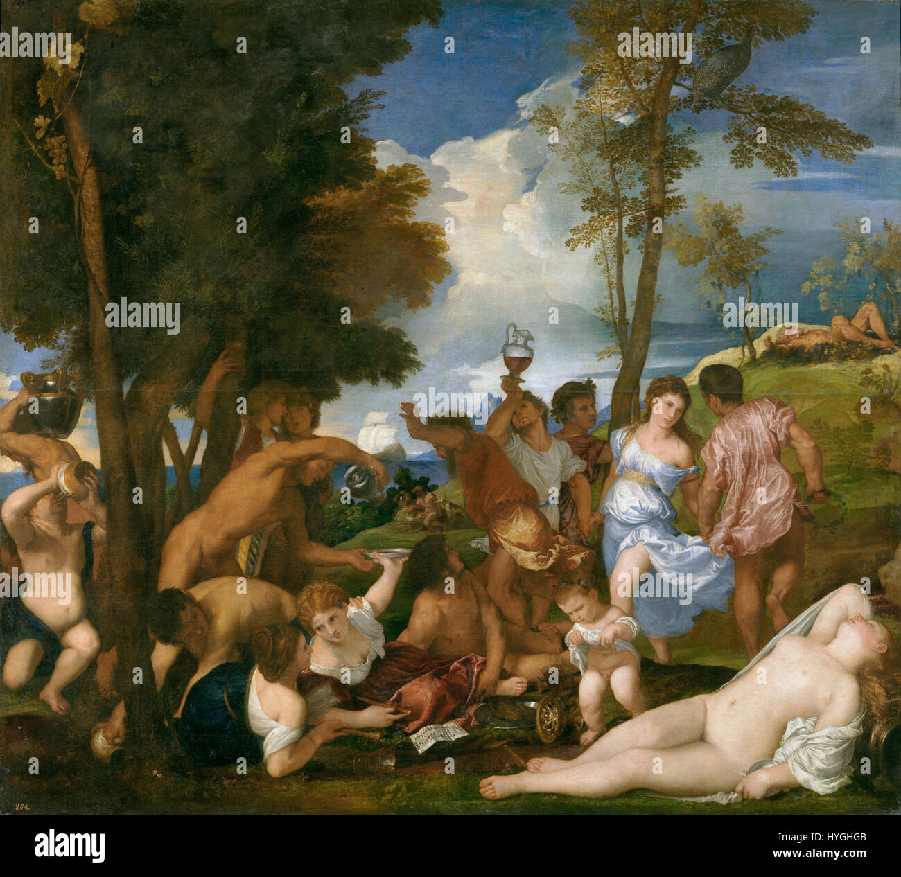 „Bacanal de los Andrios“ ist ein berühmtes Gemälde des spanischen Künstlers Diego Velázquez. Das Werk zeigt eine lebhafte Bakchic-Feier mit mythologischen Themen und zeigt Velázquez Beherrschung von Licht, Farbe und menschlichen Figuren in dynamischen Kompositionen. Stockfoto