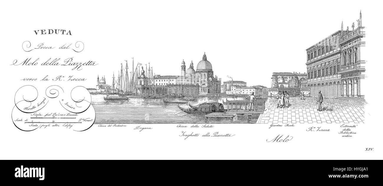 Die Piazza San Marco von Quadri Moretti, gemalt 1831, zeigt den berühmten Platz in Venedig, Italien. Das Stück fängt die lebhafte Atmosphäre der piazza ein und zeigt die großartige Architektur und die geschäftigen Menschenmassen, die typisch für dieses ikonische venezianische Wahrzeichen sind. Stockfoto