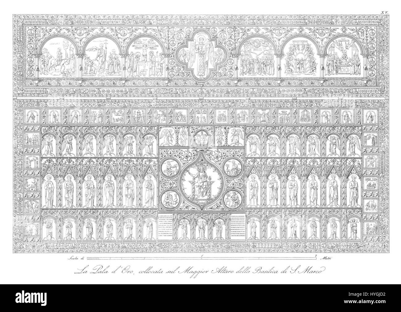 „Piazza San Marco“ des italienischen Künstlers Quadri Moretti zeigt einen Blick auf den ikonischen Platz in Venedig, Italien. Das 1831 entstandene Gemälde fängt die architektonische Pracht und das geschäftige Treiben dieses historischen Ortes ein und spiegelt die kulturelle und architektonische Bedeutung der venezianischen Republik wider. Stockfoto
