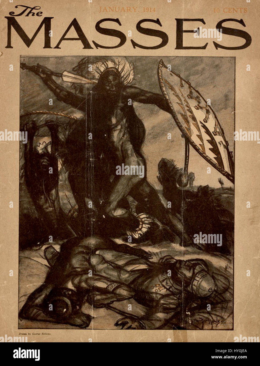 "Die Massen" von Georges Bellows, veröffentlicht im Januar 1914, ist eine politische Illustration, die die Kämpfe der Arbeiterklasse während dieser Ära widerspiegelt. Das Bild zeigt die harten Realitäten sozialer Ungleichheit und Unruhen. Stockfoto