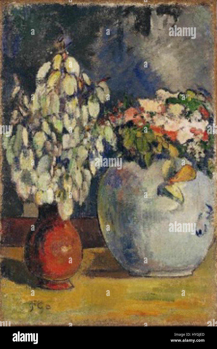 Paul Gauguins „Deux Vases de Fleurs“ aus dem Jahr 1890 ist ein lebendiges Stillleben, das zwei Blumenvasen zeigt. Die Verwendung von kräftigen Farben und ausdrucksstarken Pinselstrichen ist charakteristisch für Gauguins postimpressionistischen Stil. Stockfoto