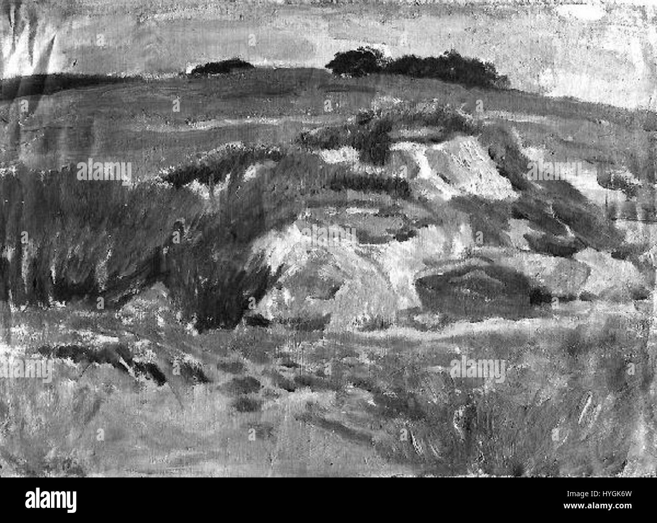 „Kopcovita krajina“ von Karel Spillar ist ein bemerkenswertes Landschaftsgemälde aus dem frühen 20. Jahrhundert. Das Werk fängt eine friedliche ländliche Szene mit einem Schwerpunkt auf natürlicher Schönheit und atmosphärischem Licht ein. Stockfoto