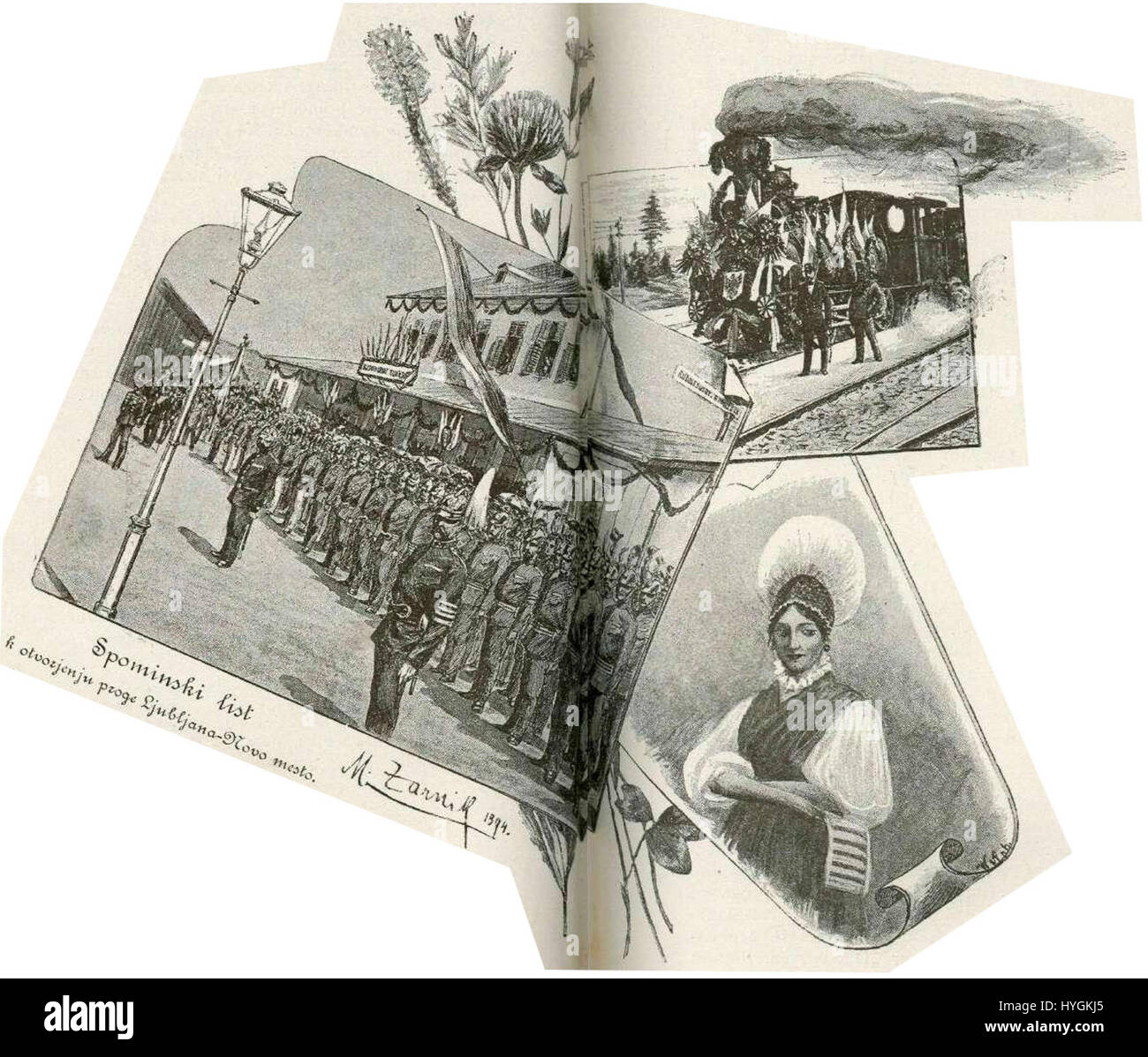 Dieser Gedenkdruck feiert die Eröffnung der Eisenbahnstrecke zwischen Ljubljana und Novo Mesto. Das Bild zeigt einen bedeutenden Moment in der Entwicklung des slowenischen Verkehrs und spiegelt den industriellen Fortschritt der damaligen Zeit wider. Stockfoto