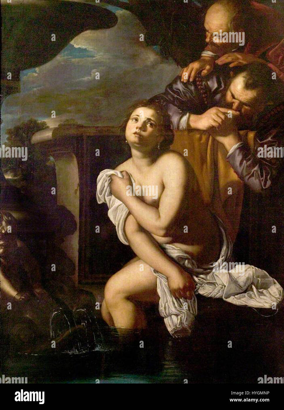 Artemisia Gentileschis „Susanna und die Ältesten“ zeigt die biblische Geschichte mit dramatischer Intensität und zeigt ihren typischen Barockstil. Stockfoto