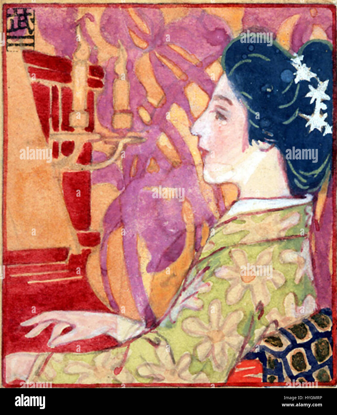 „Six Themes About Music (Piano)“ von Fujishima Takeji ist eine Reihe von Werken, die die Beziehung zwischen Musik und bildender Kunst erforschen. Die Serie verwendet das Klavier als zentrales Motiv, indem Abstraktion mit musikalischen Themen kombiniert wird, um die emotionale Tiefe der Musik durch visuelle Mittel zu vermitteln. Stockfoto