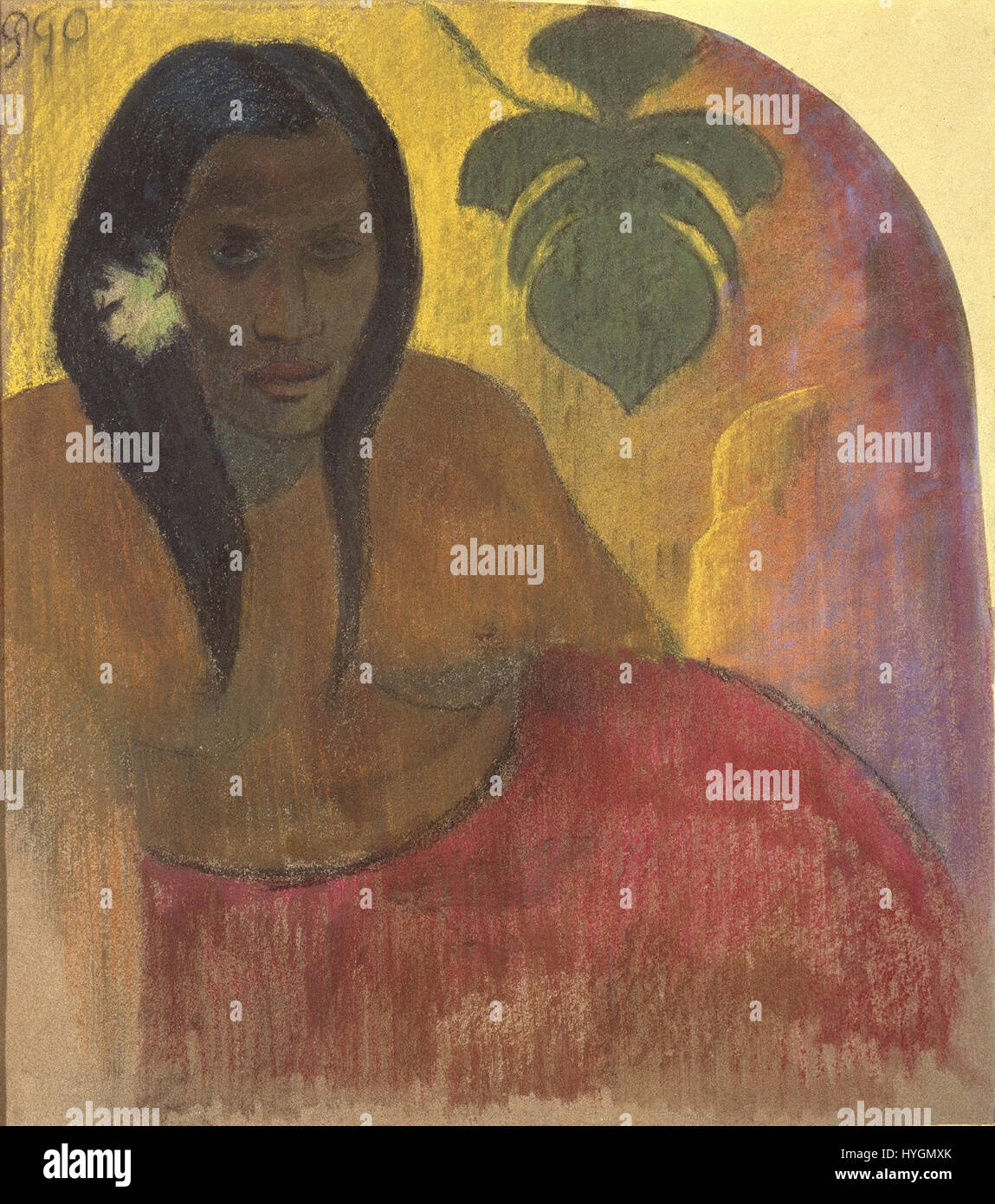 Paul Gauguins Gemälde „Femme Tahitienne“ aus dem Jahr 1891 zeigt eine tahitische Frau, die das Interesse des Künstlers an der Kultur und den Menschen Tahiti einfängt. Das Kunstwerk spiegelt Gauguins Faszination für die lebendigen Farben, Muster und das spirituelle Leben der Insel wider und markiert eine Schlüsselperiode in seiner Karriere, als er nach Tahiti zog, um sich inspirieren zu lassen. Stockfoto