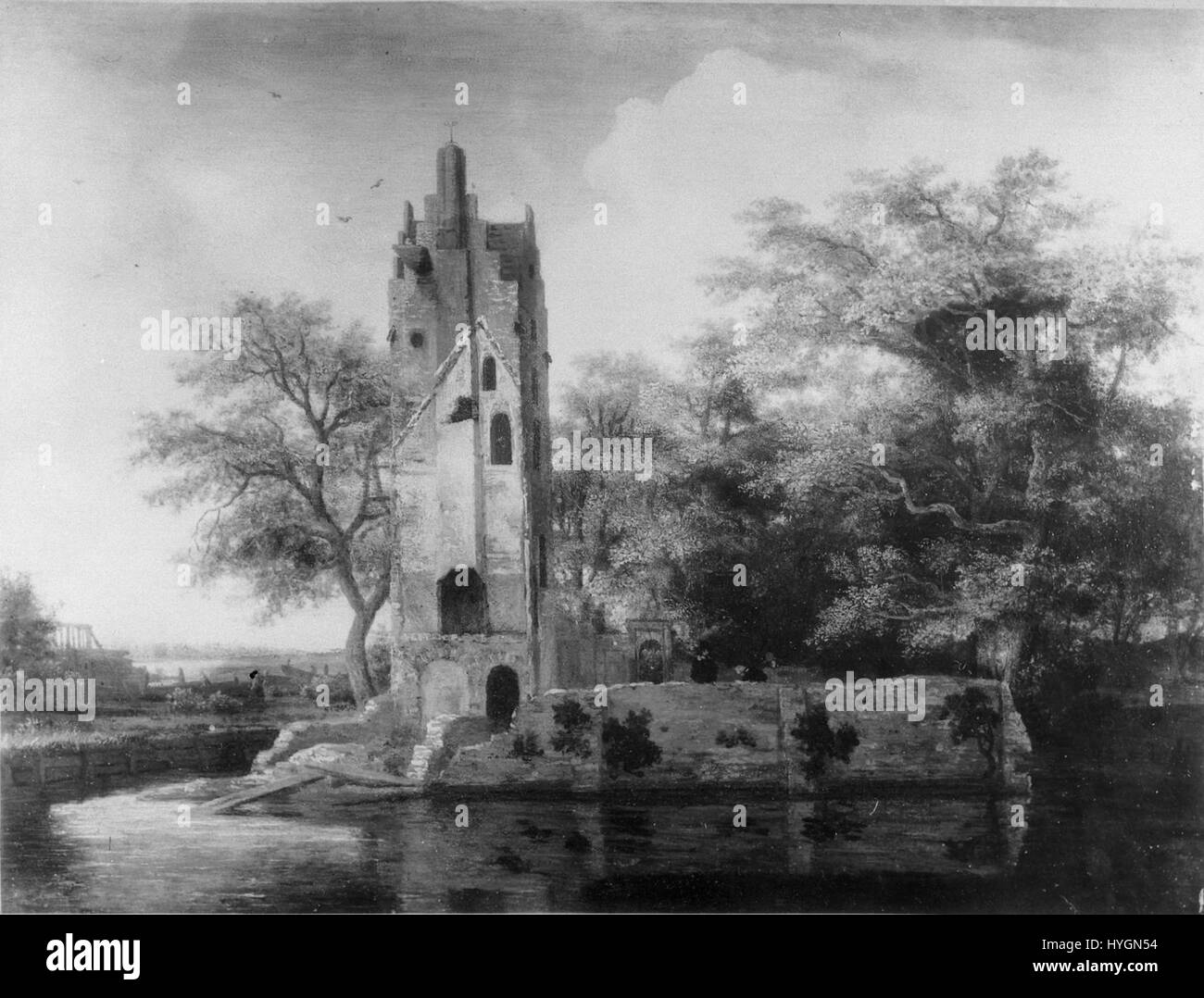 Ruinen des Schlosses Kostverloren ist ein Ölgemälde des niederländischen Künstlers Meindert Hobbema, das 15 7/8 x 20 7/8 cm groß ist. Es zeigt die Ruinen eines Schlosses und zeigt Hobbemas Geschick, architektonische Details und die natürliche Umgebung zu erfassen. Stockfoto