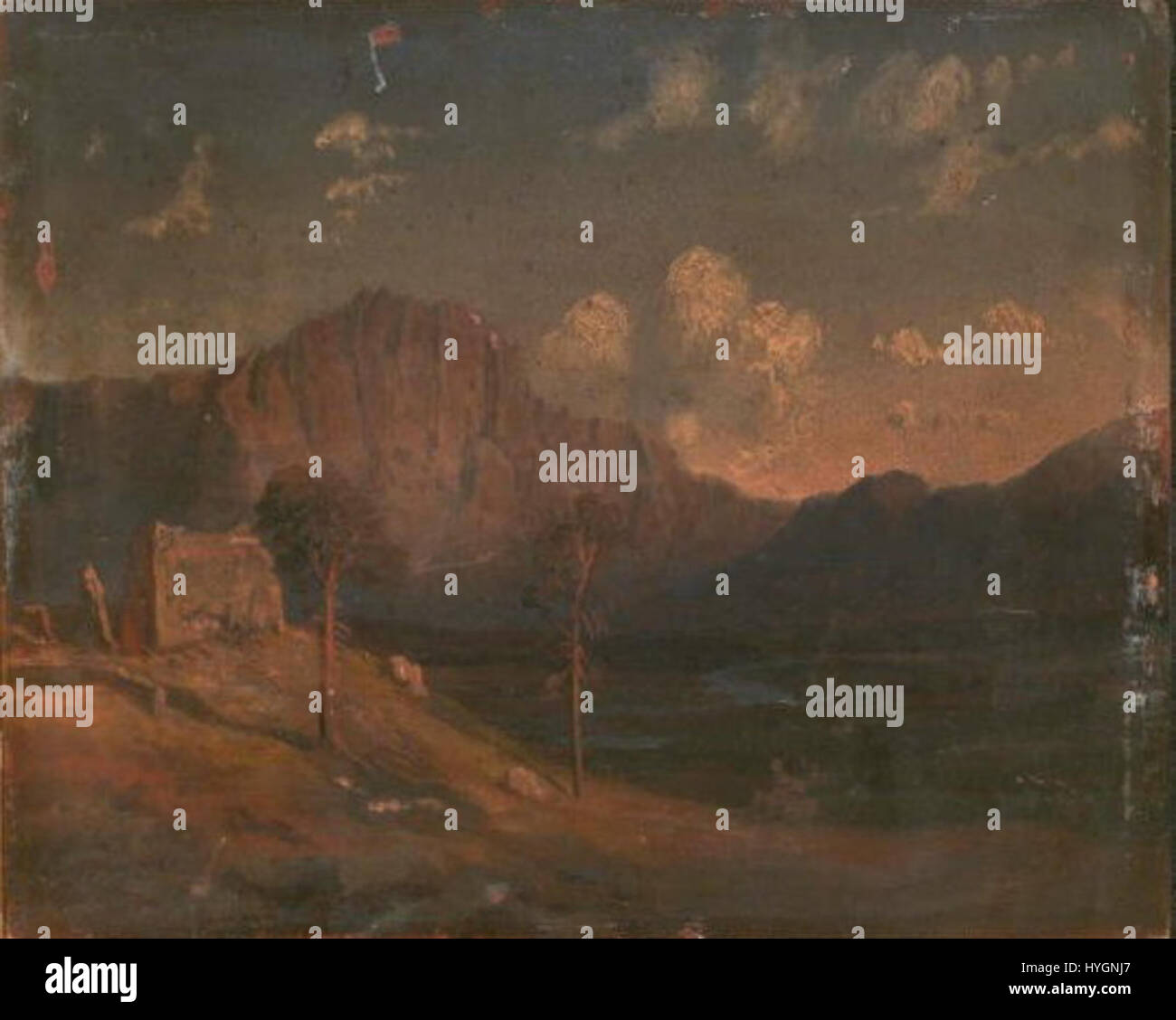 Dieses anonyme Gemälde zeigt eine Berglandschaft mit Bäumen und einer Ruine im Vordergrund. Die natürliche Umgebung verbindet die zerklüftete Schönheit der Berge mit den geheimnisvollen Elementen der antiken Architektur und veranschaulicht eine ruhige und dennoch eindrucksvolle Szene der Natur und Geschichte. Stockfoto